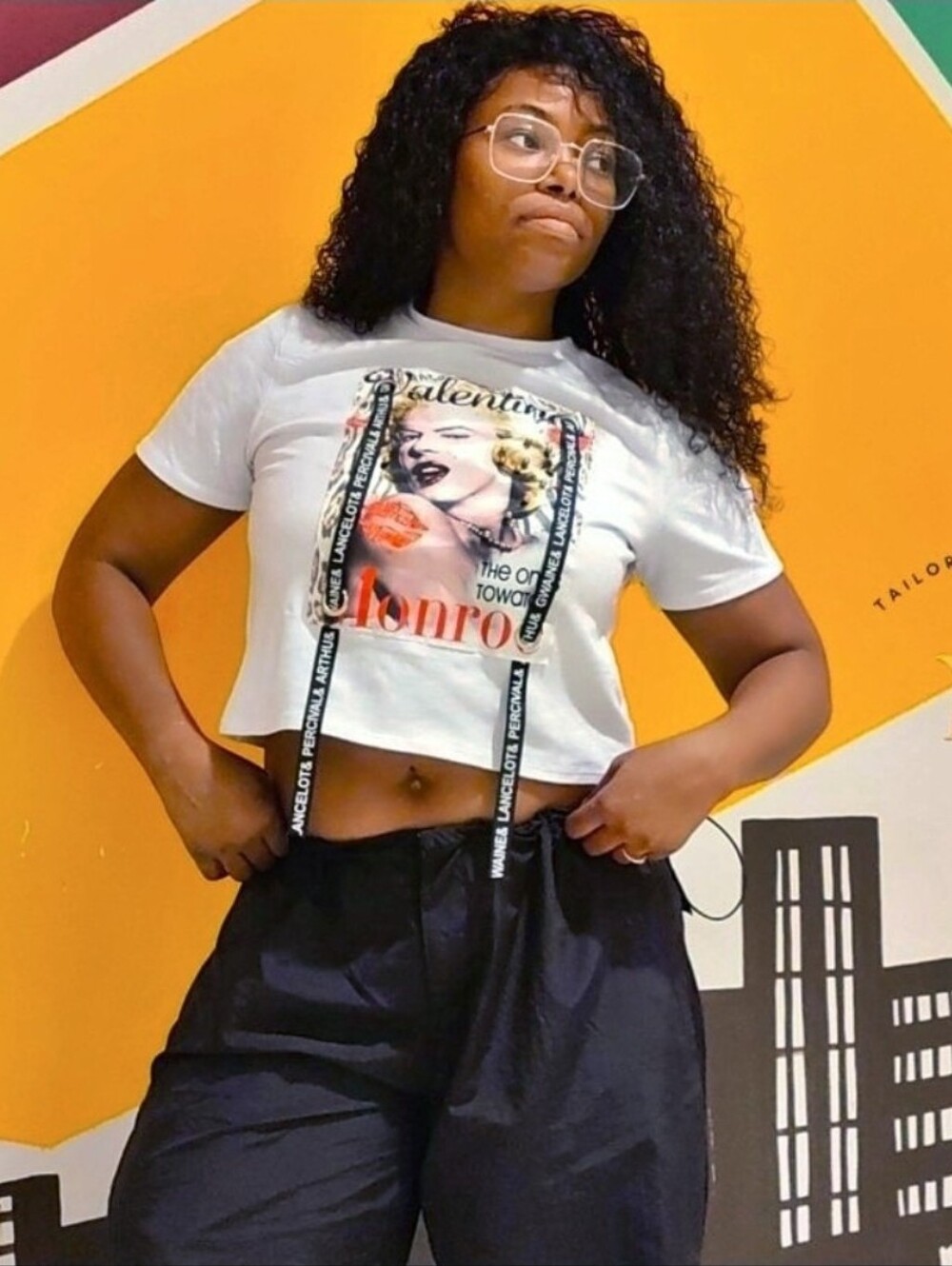 White Marilyn Graphic Crop Tee with Contrast Straps